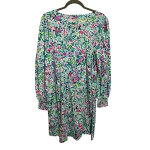 Lilly Pulitzer Diann Shift Dress Womens Large  Floral Long Smocked Sleeve Preppy